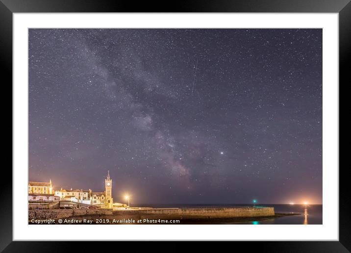 Milky way over Porthleven Pier Framed Mounted Print by Andrew Ray