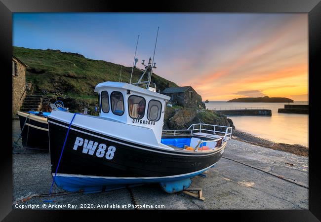 Boats at sunset (Mullion Cove) Framed Print by Andrew Ray