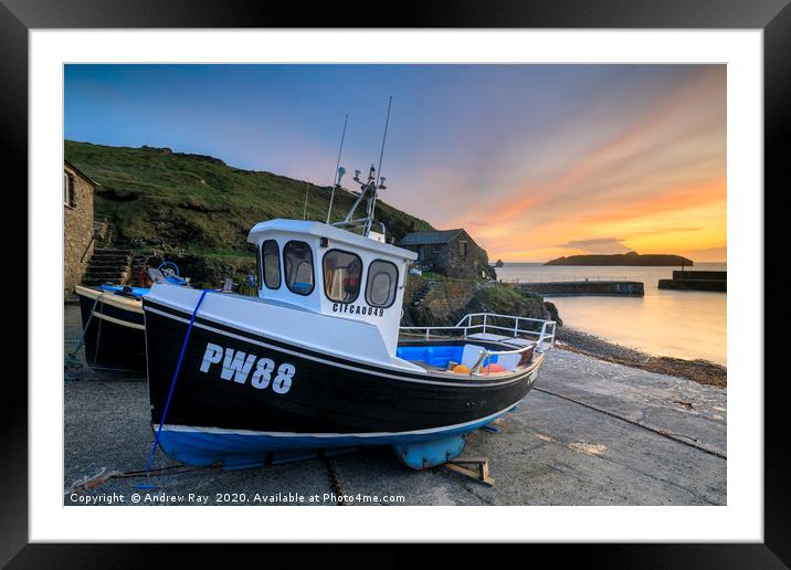 Boats at sunset (Mullion Cove) Framed Mounted Print by Andrew Ray