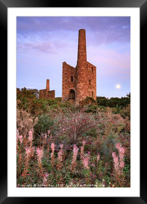 Moon and engine houses (Wheal Peevor) Framed Mounted Print by Andrew Ray