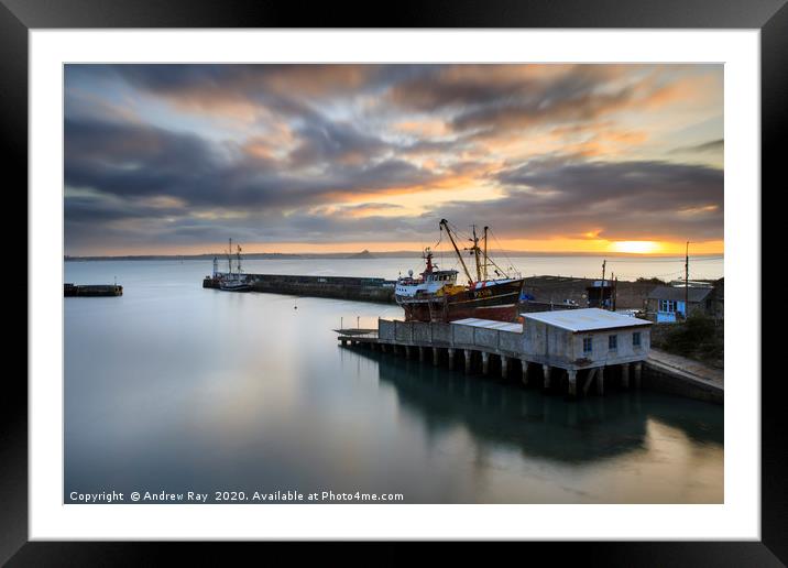 Sunrise over the dry dock at Newlyn Framed Mounted Print by Andrew Ray