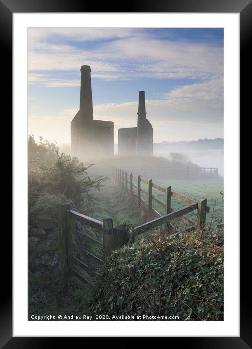 Mist at Wheal Unity Wood Engine Houses Framed Mounted Print by Andrew Ray