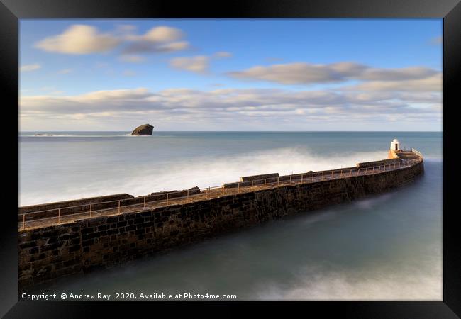 Clouds over Portreath Pier and Gull Rock Framed Print by Andrew Ray