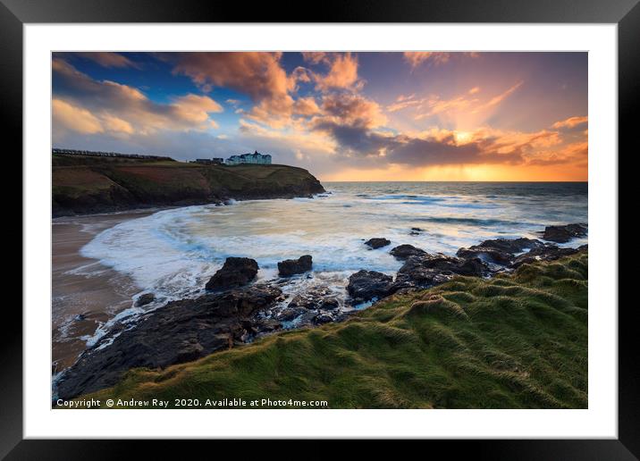Setting Sun at Poldhu Cove Framed Mounted Print by Andrew Ray