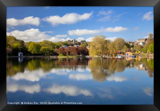 Helston Boating Lake Reflections Framed Print by Andrew Ray