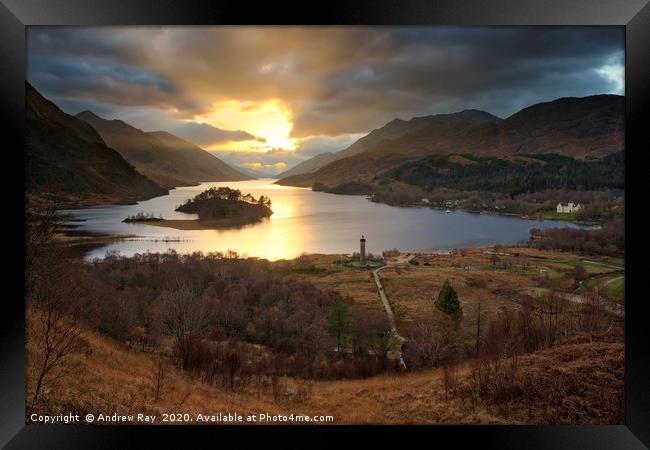 Setting sun over Loch Sheil Framed Print by Andrew Ray
