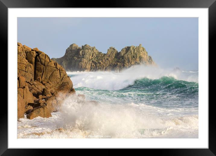 Rough seas at Porthcurno Framed Mounted Print by Andrew Ray