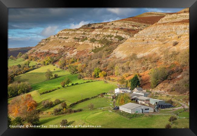 Farm and Eglwyseg Rocks from Castell Dinas Bran Framed Print by Andrew Ray