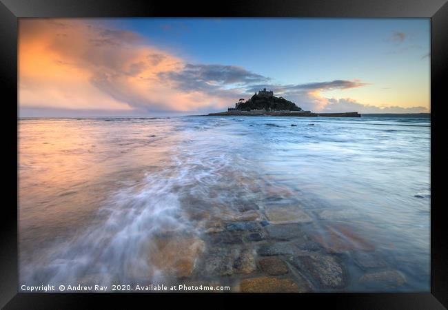 Water covered causeway at sunset (St Michael's Mou Framed Print by Andrew Ray