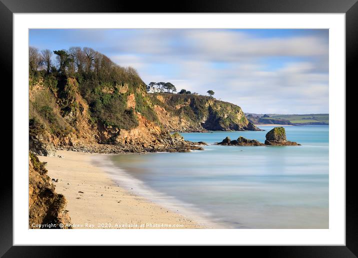 Duporth Beach and Polmear Island Framed Mounted Print by Andrew Ray