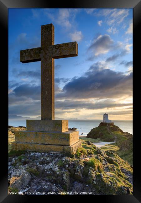 Cross on Llanddwyn Island Framed Print by Andrew Ray