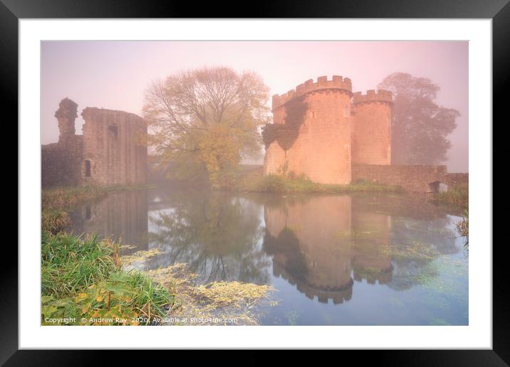 Misty morning at Whittinton Castle Framed Mounted Print by Andrew Ray