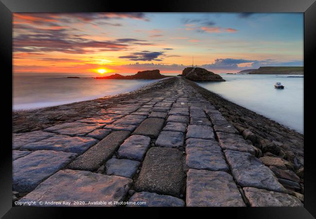 Setting sun at Bude Breakwater Framed Print by Andrew Ray