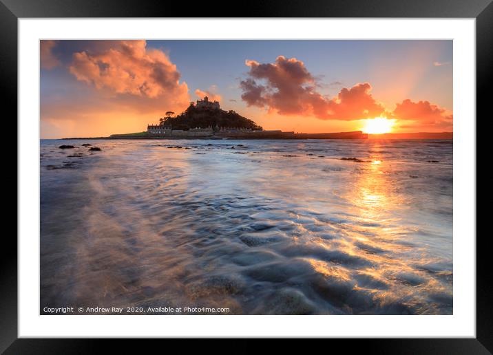 The setting sun from the causeway (St Michael's Mo Framed Mounted Print by Andrew Ray