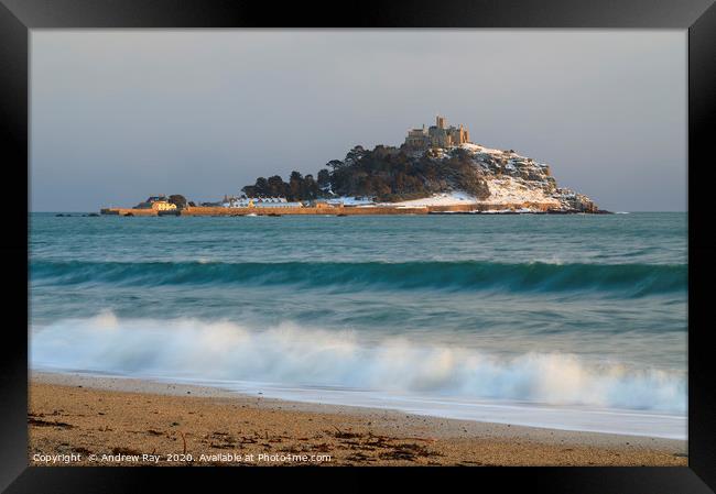Snow on St Michael's Mount Framed Print by Andrew Ray