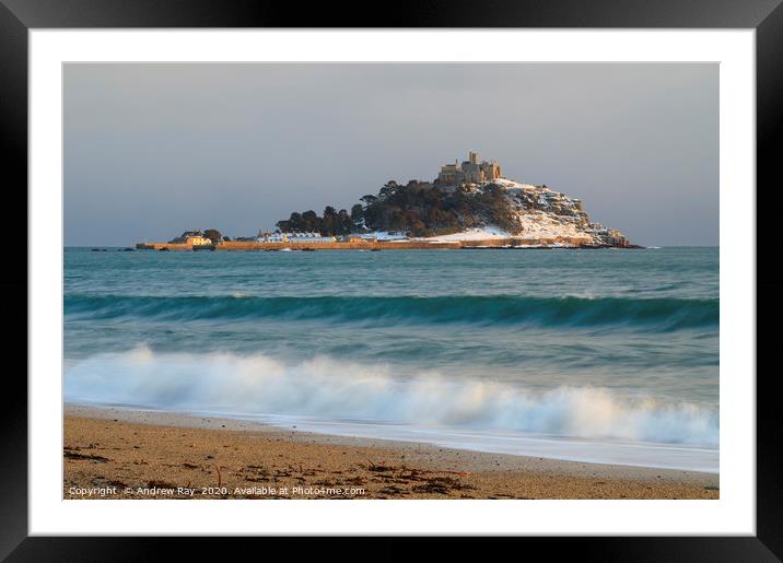 Snow on St Michael's Mount Framed Mounted Print by Andrew Ray