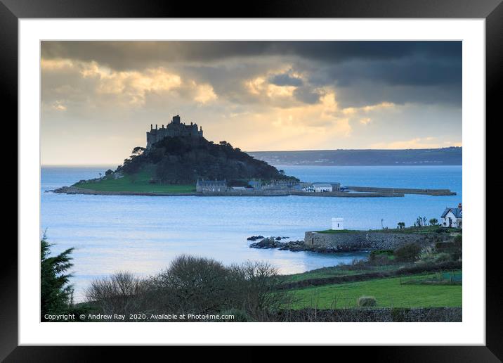 Towards the setting sun (St Michael's Mount) Framed Mounted Print by Andrew Ray