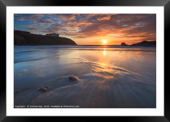 The setting sun at Poldhu Cove Framed Mounted Print by Andrew Ray