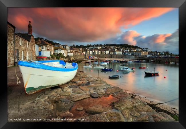 Mousehole Harbour at sunrise Framed Print by Andrew Ray