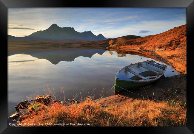 Boat in morning light (Loch Hakel) Framed Print by Andrew Ray
