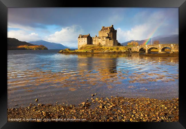 Rainbow at Eilean Donan Castle Framed Print by Andrew Ray
