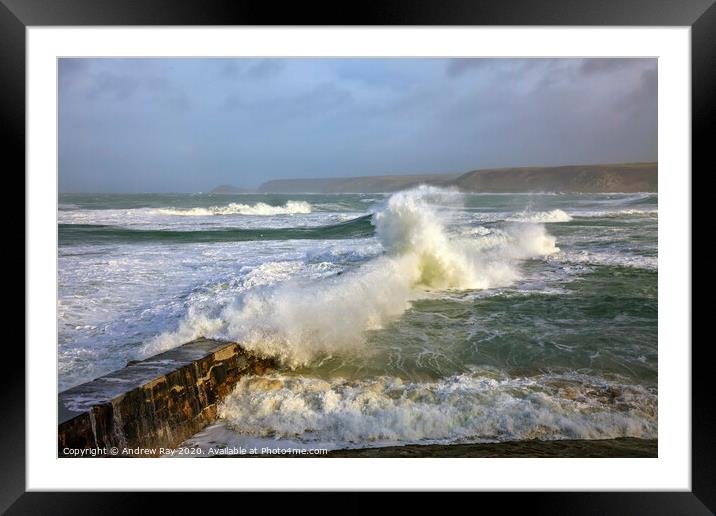 Breaking wave over Sennen Pier Framed Mounted Print by Andrew Ray