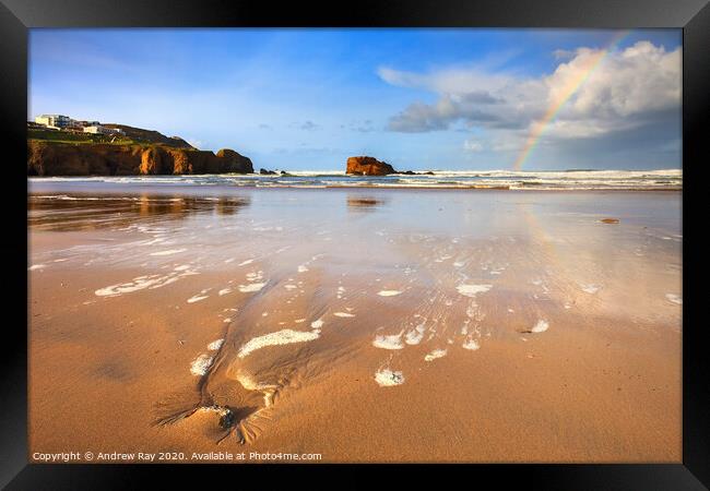 Rainbow at Perranporth Framed Print by Andrew Ray