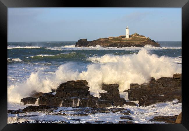 Stormy sea at Godrevy Framed Print by Andrew Ray
