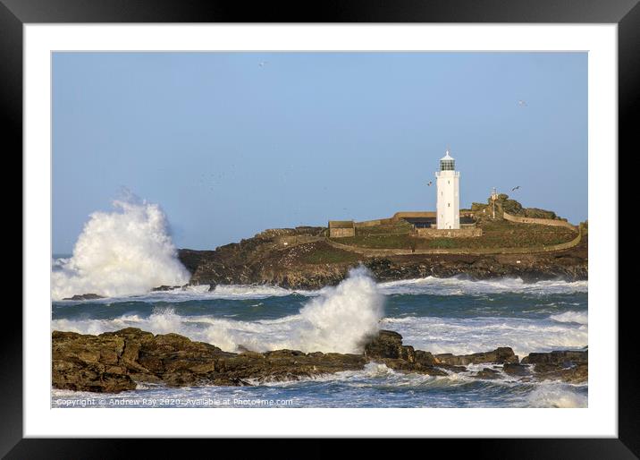 Rough sea at Godrevy Lighthouse  Framed Mounted Print by Andrew Ray