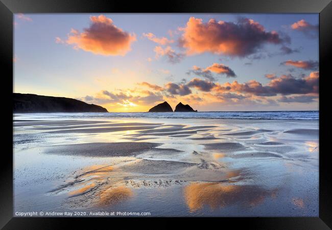 Reflections of sunset (Holywell Bay) Framed Print by Andrew Ray
