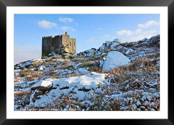 Carn Brea Castle in the snow Framed Mounted Print by Andrew Ray