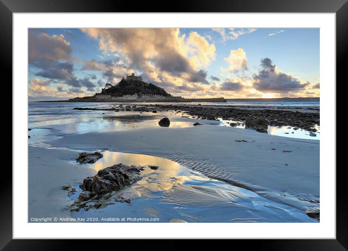Setting sun (St Michael's Mount) Framed Mounted Print by Andrew Ray