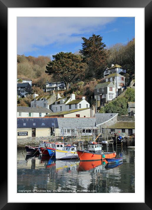 Boats moored at Polperro Framed Mounted Print by Andrew Ray