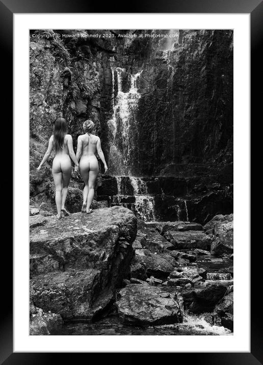 Nude Women Waterfall Duo in Monochrome Framed Mounted Print by Howard Kennedy