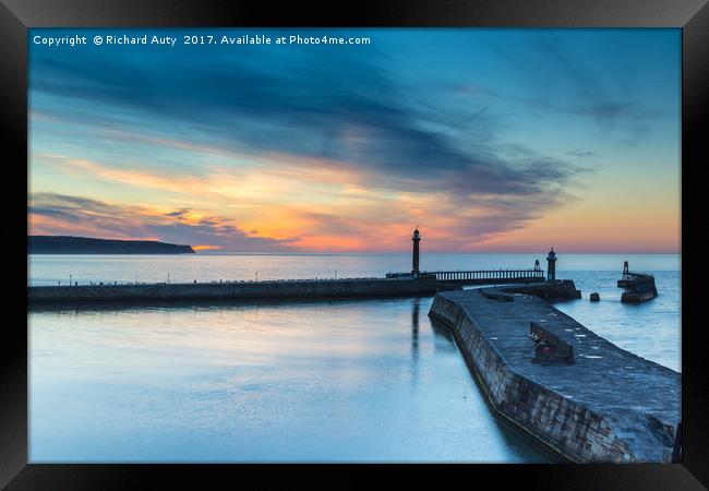 Whitby Harbour Sunset Framed Print by Richard Auty