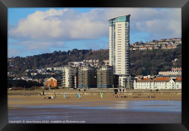 Land yachting Racing in front of the Meridian Tower Swansea Bay Framed Print by Jane Emery