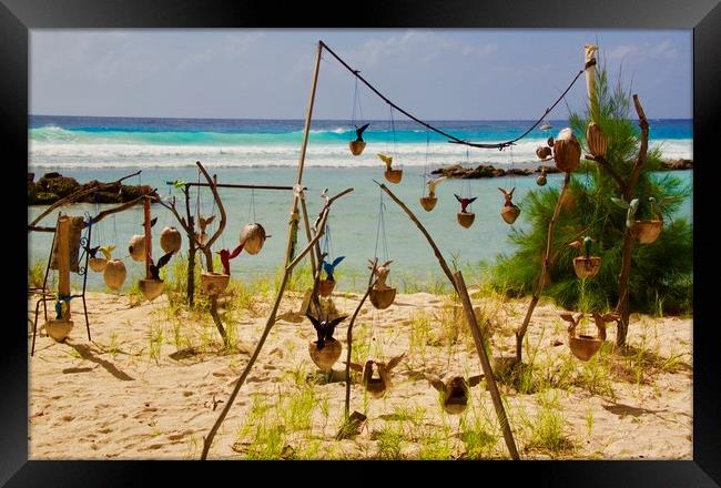 Beach Art with Coconut Shells - Barbados Framed Print by Jane Emery