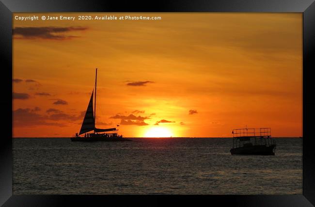 Sailing away in the Sunset, Holetown, Barbados Framed Print by Jane Emery