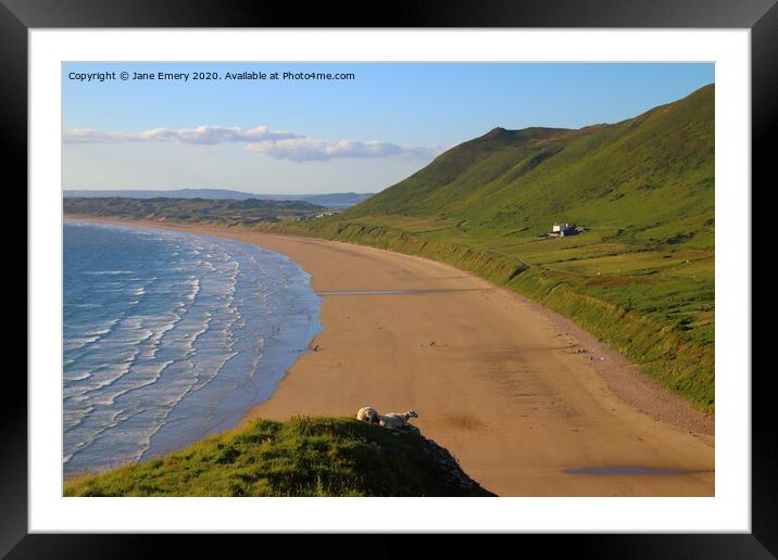 panoramic views of Rhossili Bay Framed Mounted Print by Jane Emery