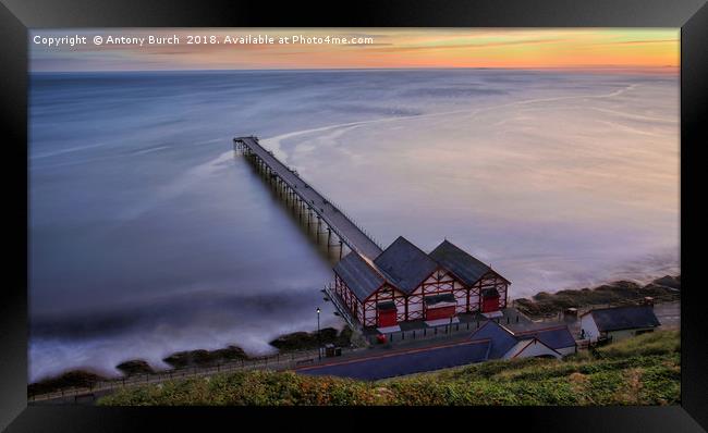 Saltburn on sea Pier Sunrise Framed Print by Antony Burch