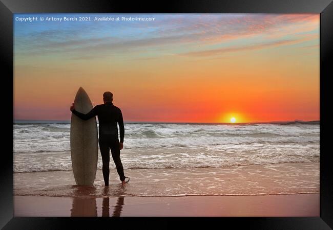 Sunset Surfer Framed Print by Antony Burch
