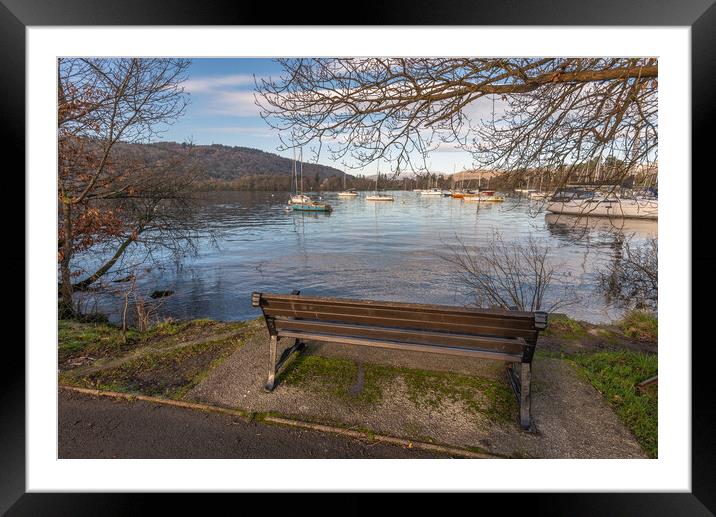 Wooden bench Windermere Lake District Framed Mounted Print by Jonathon barnett