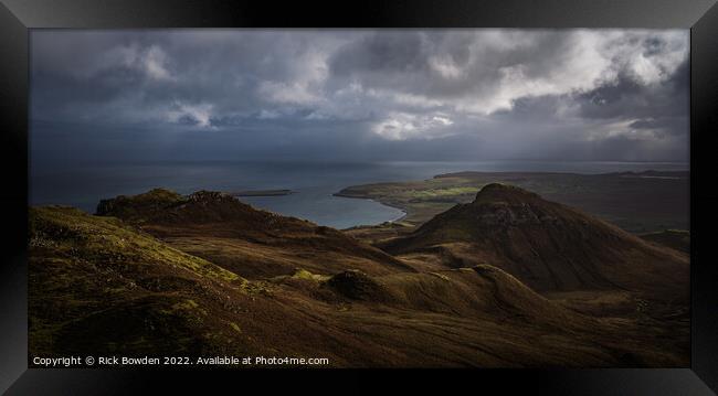 Staffin Bay from the Quiraing Framed Print by Rick Bowden