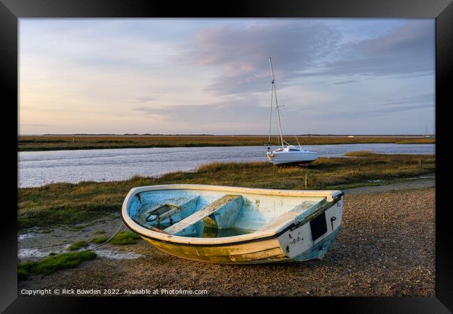 Blakeney Boats at Sunset Framed Print by Rick Bowden