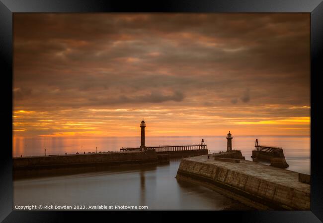 Whitby Pier Sunset Framed Print by Rick Bowden