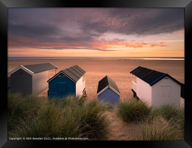 Sunrise at Wells Beach Huts Framed Print by Rick Bowden