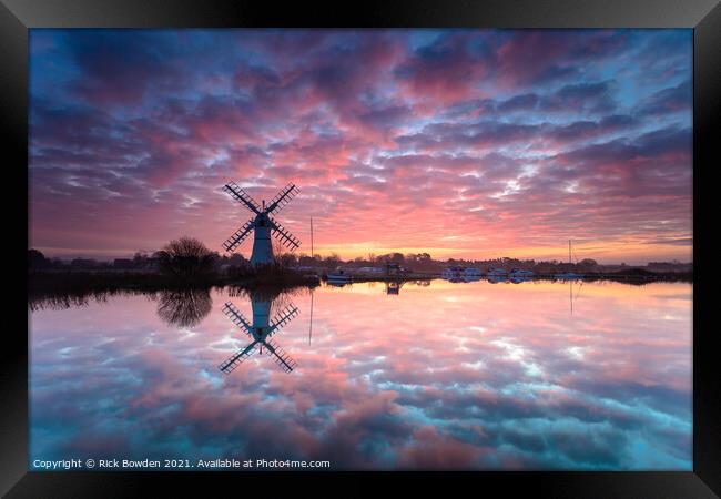 Fiery Sunrise over Thurne Mill Framed Print by Rick Bowden