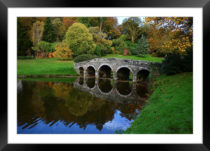 Bridge at Stourhead during Autumn Framed Mounted Print by Jonathan Evans