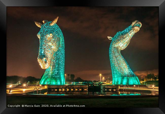 The Falkirk kelpies at night Framed Print by Marcia Reay