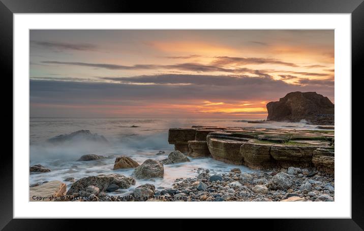 South Shields rocks at sunrise Framed Mounted Print by Marcia Reay
